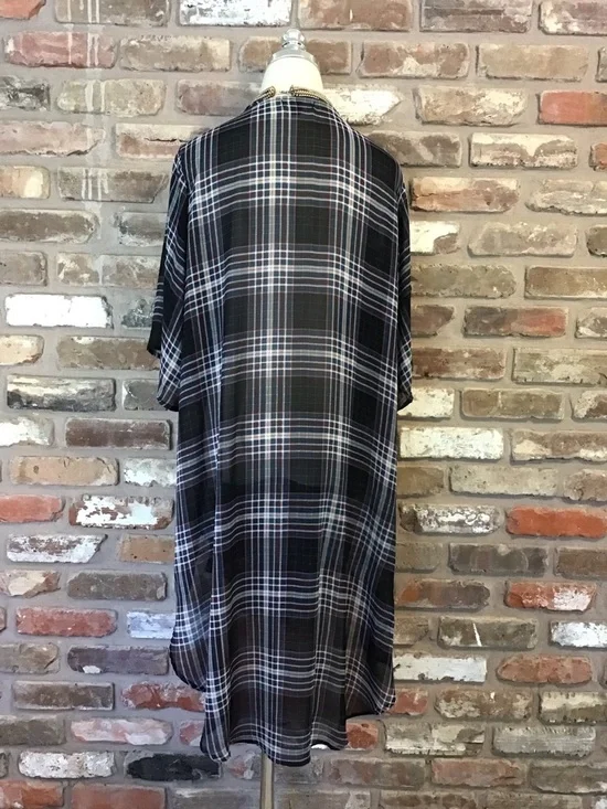 TORRID Women's Black Teal Burgundy White Plaid Open Front Kimono Cardigan 1X - Picture 4 of 6